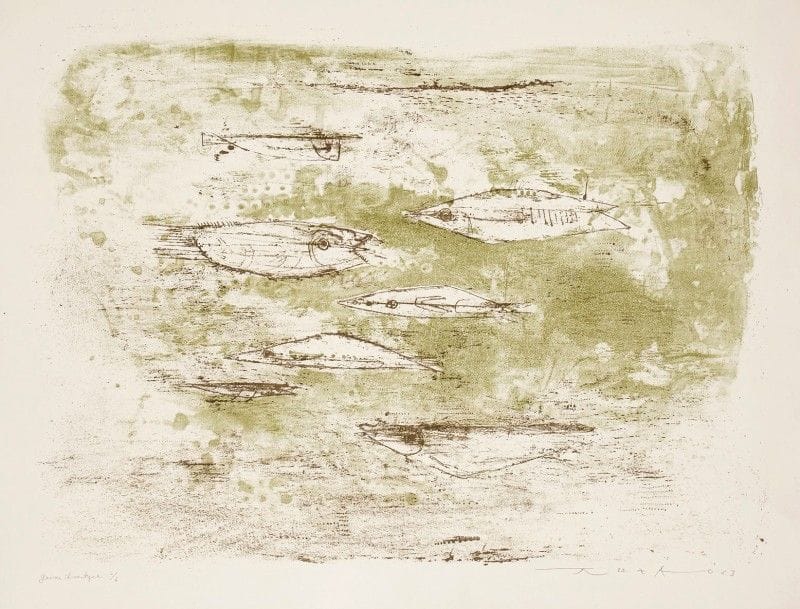 Zao Wou-Ki (franco-chinois, 1920-2013) (d’après)
Les Poissons. 1953. Lithographie. 570 x 405. Ågerup 79. Impression en couleurs. Très belle et fraîche épreuve d’essai des couleurs sur vélin, annotée « gamme chromatique 2/6 », tirée au moyen des pierres de vert et de brun (sans les 4 autres), signée et datée au crayon. Toutes marges. Tirage à 12 épreuves de cet état. Tirage définitif à 55 épreuves. La Hune éd., Paris.