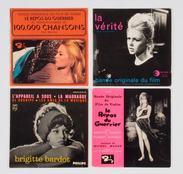 BRIGITTE BARDOT
Lot de quatre 45 T «La vérité» 1960, «Le repos du guerrier» (2), 1962 et «L’appareil à sous», 1963, édition France.
Pochettes et disques VG+ / VG++