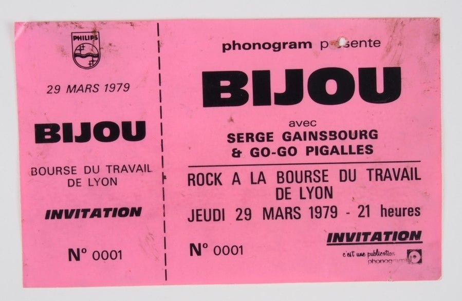 BIJOU / SERGE GAINSBOURG / GO-GO PIGALLES
Ticket de concert et invitation, 1979 à Lyon.
Bon état.
