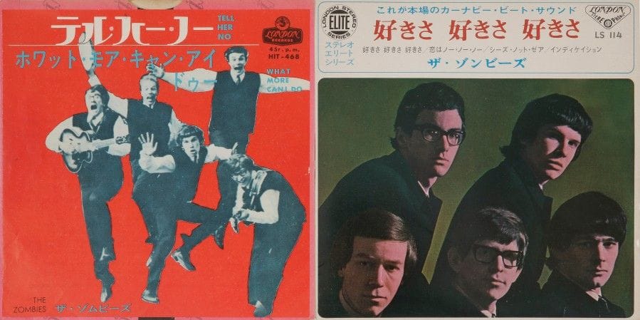 THE ZOMBIES
Lot de deux 45 T «Tell Her No» (1965)» et «I Love You» (1967) Label London, Édition Japon.
Pochettes et disques VG / VG+ / VG++