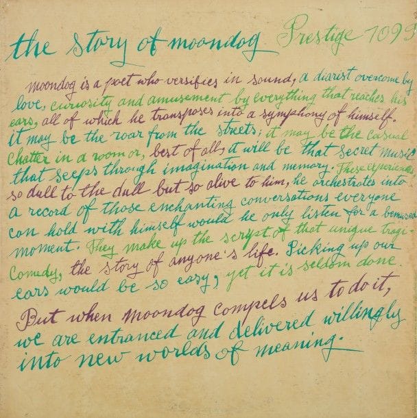 ANDY WARHOL
33 T Moondog «The story of Moondog», Label Prestige LP-7099. Éditions USA, 1957.
Pochette et disque VG+ / VG++