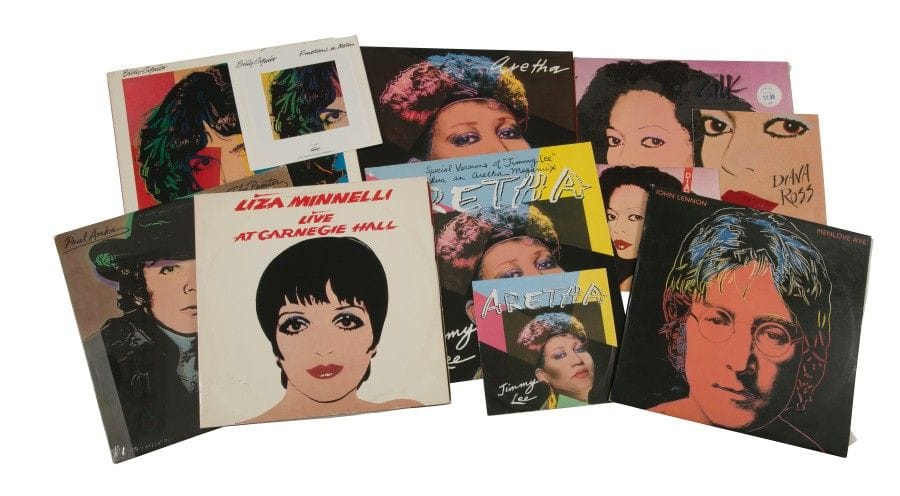 ANDY WARHOL
Lot de six 33 T Portrait «John Lennon - Paul Anka - Diana Ross - Billy Squier - Liza Minelli - Aretha Franklin ». On joint un + maxi 12’ et quatre 45 T.
Pochettes et disques VG+ / EX