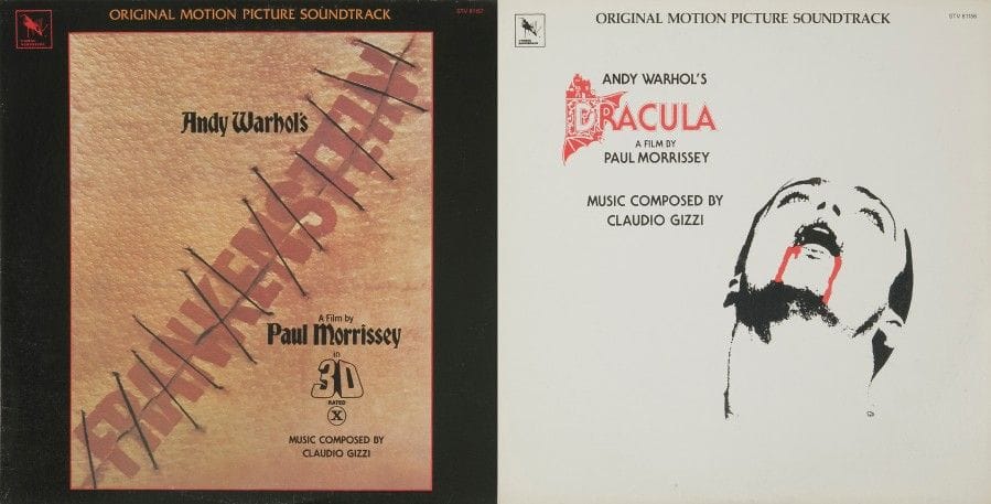 ANDY WARHOL / Claudio GIZZI
Lot de deux 33 T Musique de film «Dracula» & «Flesh for Frankenstein», Label Varèse Sarabande ?– STV 81156 / 57. Éditions U.S.A., 1982.
Pochettes et disques VG+ / VG++
