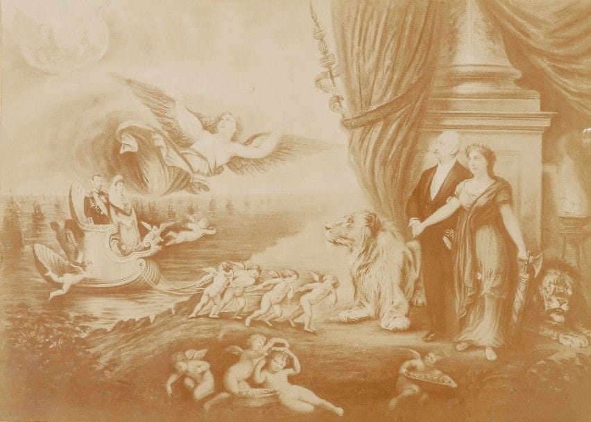 Photographe inconnu. 
Tirage sur papier citrate. 
Photographie d’un tableau allégorique de l’arrivée de Nicolas II et Alexandra Feodorovna à Cherbourg le 5 octobre 1896. Leurs Majestés sont accueillies par le président Félix Faure et Marianne, sur fond de parade navale et sous les regards bienveillants des défunts Alexandre III et Sadi Carnot, initiateurs de l’amitié franco-russe. 
Au verso, tampon « Caron Hérault & V/Déposé »
11 x 15,5 cm (16,4 x 26,7 cm avec le support)
