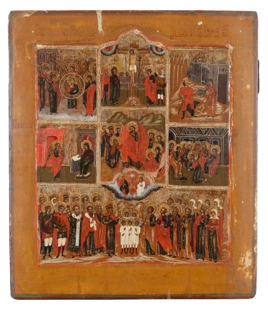 ICÔNE de fêtes choisies. XVIIIe siècle (?).
35,6 x 31,2 cm

Икона избранных праздников. XVIII в (?).
35,6 х 31,2 см
 