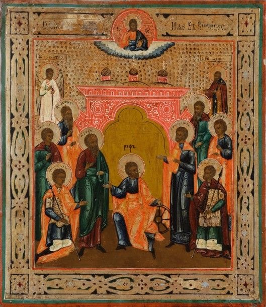 ICÔNE des neuf martyrs de Cyzique. XIXe siècle.
37,7 x 31,3 cm

Икона девяти Кизических мучеников. XIX в.
37,7 х 31,3 см
 