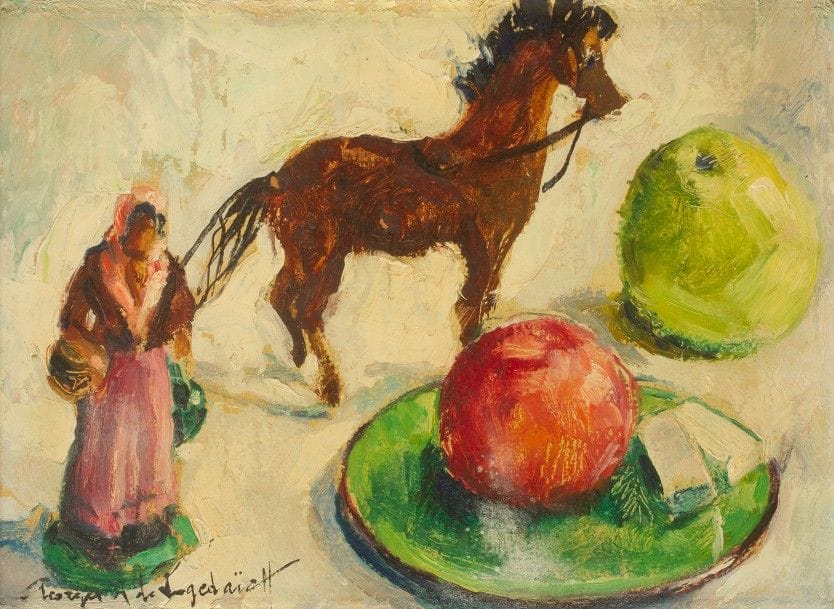 Georges de POGEDAIEFF (1894-1971)
Nature morte aux fruits et figurines
Huile sur isorel. 
Signée en bas à gauche. 
24 x 33 cm