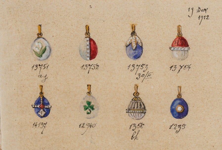 Esquisses de 8 œufs d’orfèvrerie. 
Gouache. 
Les œufs sont sur deux rangées de quatre, numérotés en suite pour la rangée supérieure. 
Datée en haut à droite 19 décembre 1912. 
10 x 14,2 cm