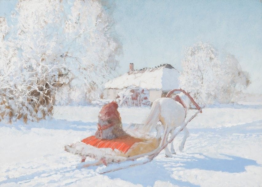 André JEGOROV (1878-1954)
Traîneau dans un paysage de neige
Gouache sur carton. 
Trace de signature en bas à gauche. 
24,5 x 34,5 cm