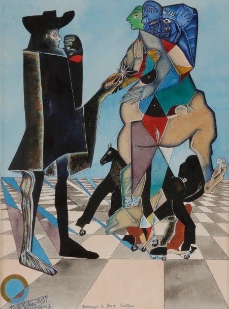 Vladimir LIAGATCHEV (né en 1945)
Hommage à Jean Cocteau
Gouache. 
Signée, datée, située Paris et titrée en bas à gauche. 
38 x 28 cm