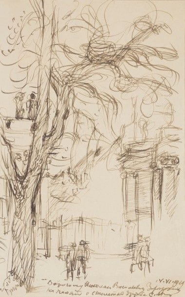 [ARTISTE NON IDENTIFIÉ]
Entrée de parc
Encre sur papier. Dessin à la plume monté sur un papier vergé.
Dédicacé au bas en russe « Au cher Nikolaï Vassilievitch Zaretzky en souvenir d’une amitié centenaire », daté à droite 14. IV. 1929 et monogrammé « С. М (?) ». Daté à gauche 27. IV et signé ?
Au dos le tampon du peintre Frantisek Sembdner.
19,4 x 12 cm

[Художник не установлен]
Вход в парк.
Бумага, чернила. Рисунок пером. Наклеено на бумаге верже.
Посвящение внизу справа по-русски « Дорогому Николаю Васильевичу Зарецкому на память столетней дружбы» дата 14. IV. 1929 и монограмма «С. М (?)». Слева внизу дата 27. IV и подпись ?
На обороте печать пражского художника Франтишека Зембднера.
19,4 х 12 см
 
