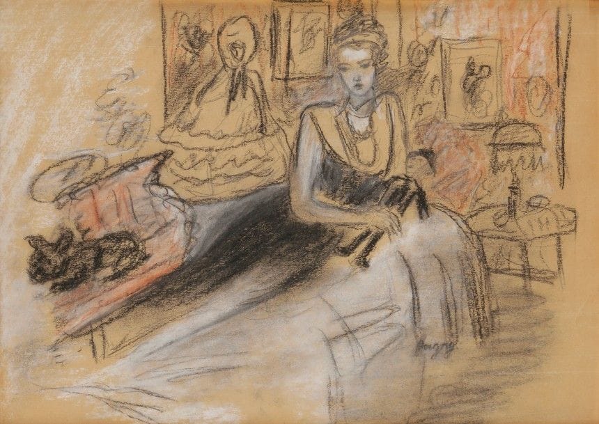Jean Puni dit POUGNY (1892-1956)
Femme allongée dans un intérieur
Dessin au crayon noir, sanguine et craie blanche. 
Signé en bas à droite. 
22 x 31 cm