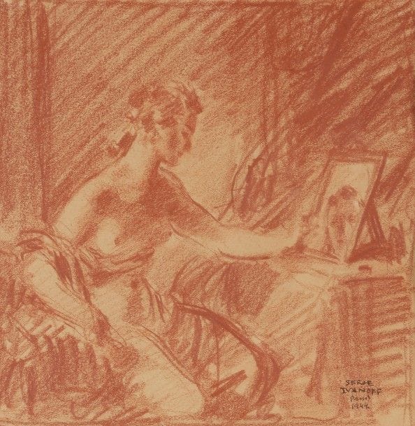Serge IVANOFF (1893-1983)
Femme à sa toilette
Sanguine.
Signée en bas à droite, située Paris et datée 1944.
20,5 x 20 cm