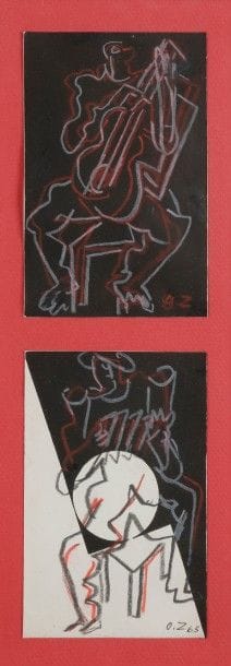 Ossip ZADKINE (1890-1967)
Musiciens, 1963
2 dessins au crayon de couleur. 
Monogrammés et l’un daté. 
13 x 9 cm chaque. 