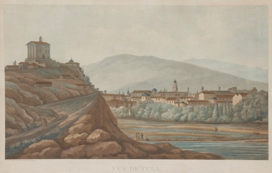 Michel-François DAMANE de MARTRAIS (DEMARTRAIS) (1763-1827)
Vue de Tula.
Dessinée et gravée par M. F. Damame Demartrait (sic). De l’imprimerie de Bassand. [s. d.] (1813 ?)
Aquatinte.
32,5 x 54 cm

De 1796 à 1805, Damane de Martrais se trouvait en Russie, où il a dessiné quelques séries de vues de villes russes et de scènes de genre. À Paris, il a gravé un album de vues de Saint-Pétersbourg, Tsarskoe-Selo, Moscou et autres villes, de scènes de genre…, l’album pour lequel il a utilisé non seulement ses propres dessins, mais aussi des dessins et gravures d’autres artistes.
Cette vue un peu fantaisiste de Toula est à rapprocher de la gravure sur cuivre dessinée par Édouard-Daniel Clarke (1769-1822) et gravée par Joseph Skelton (1783-1871) en 1810.

Мишель-Франсуа ДАМАН де МАРТРЕ (также ДАМАН-ДЕМАРТРЕ) (1763 - 1827)
Vue de Tula (Вид Тулы).
Рисовал и гравировал М.Ф.Дамам-Демартре. [Париж], Типография Бассана, б. д. [1813 ?].
Гравюра (акватинта, офорт)
32,5 х 54 см
С 1796 по 1805 гг. находился в России. В Париже им был награвирован по собственным оригиналам альбом, состоящий из 24 видов Петербурга, Царского Села, Москвы и некоторых других городов, жанровыми сценами из русской жизни, кроме того, в альбом вошло восемь гравюр Ф. Л. Дебюкура по рисункам Дамам-Демартре (1806) с изображениями русских экипажей. Для создания оригиналов помимо собственных рисунков с натуры Дамам-Демартре использовал рисунки и гравюры других художников.
Вид Тулы, на Тулу непохожий, близок к гравюре на меди из издания «Travels in Various Countries of Europe Asia and Africa» по рисунку Эдварда-Даниэля Кларка (1769-1822), гравирован  Джозефом Скелтоном (1783-1871) в 1810 г.
