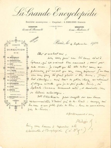 Philippe BERTHELOT (1866-1934) diplomate et homme politique. 107 L.A.S., Paris vers 1897-1904 et s.d., à Jules Huret (3 à Madame) ; 144 pages formats divers, la plupart à en-tête Affaires étrangères ou La Grande encyclopédie, qqs adresses et enveloppes.
On joint une photographie des Berthelot en robes chinoises, avec dédicace a.s. au dos, Tchentou (Chine) 2 avril 1904, et 10 cartes de visite autogr. ou a.s. au même. Plus 7 L.A.S. de son frère André Berthelot.

Importante correspondance. Critiques à l’égard du Figaro, plaintes concernant l’insertion de ses articles (dont une étude sur Toulouse-Lautrec)... Allusions à l’avancement de La Grande Encyclopédie, et invitation à faire l’article « Naturalisme (littérature) » (29 octobre 1898)... Fréquentes demandes de places au spectacle : Maeterlinck, Ibsen, Goncourt, Lemaître, Dumas fils, Rostand, Becque, Wagner, Puccini, etc. Recommandations pour un protégé aux affaires étrangères... Envoi d’« échos », dont de jolis textes sur les chats de Barrès et la poésie de Moréas, etc. Rendez-vous chez Tristan Bernard, et invitations chez lui, avec Beaunier, Merrill, etc.
