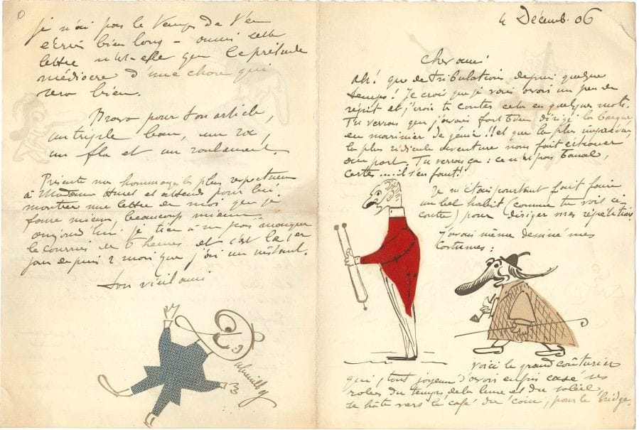 Gaston DUBREUILH (né 1860) musicien et littérateur. 137 L.A.S., dont plus de 65 avec dessins originaux, Paris, Nice, Nantes, Menton 1896-1908 et s.d., à Jules Huret, au Figaro ; 389 pages formats divers, qqs adresses et enveloppes.

Amusante correspondance amicale, illustrée de dessins humoristiques, à la plume, à l’aquarelle, aux crayons de couleur... Dubreuilh raconte sa recherche d’un bon livret d’opérette, évoque des mélodies de sa composition, se caricature dans des situations diverses et cocasses : en « fin et compétent critique », faisant l’éloge de La Dame blanche de Boieldieu, piquant une crise, jouant du piano, tirant une révérence, recevant les hommages d’auditrices, brandissant un diapason, dansant « à moi seul un ballet effréné », etc., aussi bien que dans les petites péripéties de la vie quotidienne : s’appliquant un remède violent contre le rhumatisme, jouant aux échecs, levant un bock, lisant Le Figaro... Amusants croquis aussi du « bon librettiste », de la cantatrice et du « ténorino », du musicien d’orchestre et du « directeur malin », chacun critiquant son projet d’opérette... Représentations de la foule devant le bureau de location, et d’autres scènes emblématiques d’un triomphe d’opérette... Série de représentations d’un auditeur découvrant une de ses mélodies (enthousiasme montant)... Pastiches asiatiques faisant référence à la guerre sino-japonaise de 1894 et personnages de fantaisie... Caricatures de « Masse-nez » et « Dindy », aussi bien que d’Huret ayant le mal de mer sur un paquebot, ou rentrant d’Amérique, ou en « vieux journaliste découragé »... Vœux exprimés par « le sire de cire » (montage de cires à cacheter frappés de son sceau). Critique de La Bohême, admiration pour Cendrillon, plaisir d’un récital privé, projet d’enregistrement de voix d’élèves, renvoi d’un « Kestionaire pour l’enkête muzikale »... « L’acoustique est une science physique, tandis que la musique [...] est d’ordre physiologique », et cela sans parler de ses eff