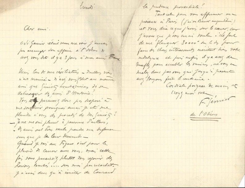 Firmin GÉMIER (1869-1933) acteur et metteur en scène, premier directeur du Théâtre National Populaire. 8 L.A.S., [1896-1901] et s.d., à Jules Huret ; 21 pages formats divers, la plupart à en-tête dont un Théâtre de la Renaissance. Direction Gémier, 2 enveloppes.
On joint 2 télégrammes et la minute a.s. d’une réponse d’Huret, 18 novembre 1896.

Lundi [14 septembre 1896]. Il se plaint que l’ami Huret ne l’ait pas soutenu alors que Ginisty tâche de « se débarrasser des amis d’Antoine » à l’Odéon : « il y a assez de mufles pour accabler les vaincus, ne vous en mêlez donc pas »... Boulogne s/mer [1897 ?]. Séjour à Boulogne ; remerciements chaleureux de lui avoir rendu service ; son affection n’est pas un « calcul » : « pour un cabot c’est énorme d’être l’ami du courriériste théâtral de ce gros canard », mais il dit longuement son amitié et son admiration pour son « courage à rompre en visière avec les muffles »... Avant de s’engager avec Decourcelle, il veut savoir ce qu’Antoine compte faire de lui : « ce qu’on jouera chez lui sera bien plus intéressant que ce qu’on jouera ailleurs. Ça ne durera peut-être pas mais au moins on y fera, pendant ce peu de temps, de belles choses et dans la vie il n’y a que ça, j’ai toujours le temps de gagner de l’argent. Il faut surtout ne pas se rendre esclave »… – Aix-les-Bains [juillet 1899]. « Paulus est un tel goujat et un tel menteur ! [...] j’ai dit à notre voyou de directeur ce que je pensais de lui et de ses mensonges »... Dimanche. Il regrette le temps pris par sa colère contre Paulus, « une loque » et un « pauvre diable », dont il cite les « variantes d’actualité » d’une récente revue, notamment sur l’affaire Dreyfus... Vendredi. Il s’inquiète des fuites de son projet dans la presse ; il donnera au Figaro la primeur de l’annonce. Il parle aussi de « la môme Dolley », qui est de la même force qu’Eugénie Buffet, mais non de la Duse ; à la suite, l.a.s. de Louise Dolley... – Paris [16 décembre 1899]. Prière de téléphoner à 