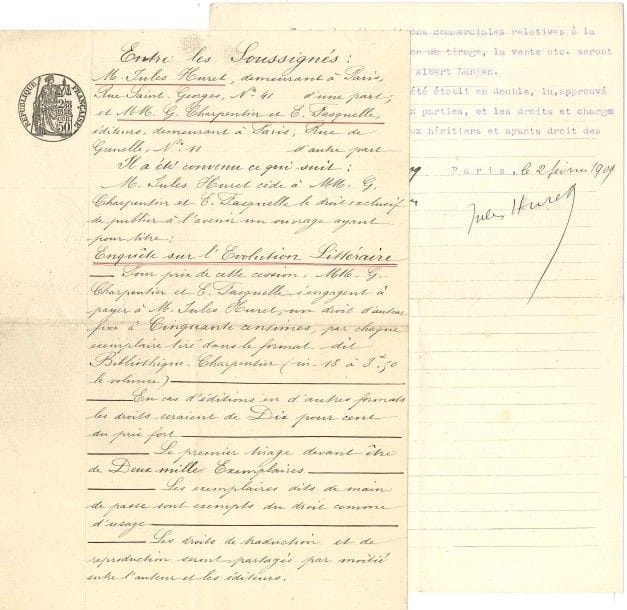 Jules Huret (1863-1915). Environ 125 lettres (nombreuses minutes autographes) et pièces, de lui, ou à lui adressées.

Correspondance avec ses éditeurs Pierre Lafitte et Eugène Fasquelle : plus de 30 lettres, redditions de comptes ou traités... Ensemble relatif à la Revue Sud-Américaine : listes d’auteurs et d’articles éventuels, rémunération, etc. ; lettres (minutes) aux généraux Bonnal et Picard, P. Adam, M. Barrès, Barthou, Clemenceau, P. Deschanel, G. Le Bon, J. Lemaître, L. Lugones, C. Madariaga, C. Mauclair, Ch. Maurras, P. Mille, Pelletan, Saint-Brice, Seignobos, Verhaeren, etc. Articles sur Albert Vandal, Gustave Geffroy...