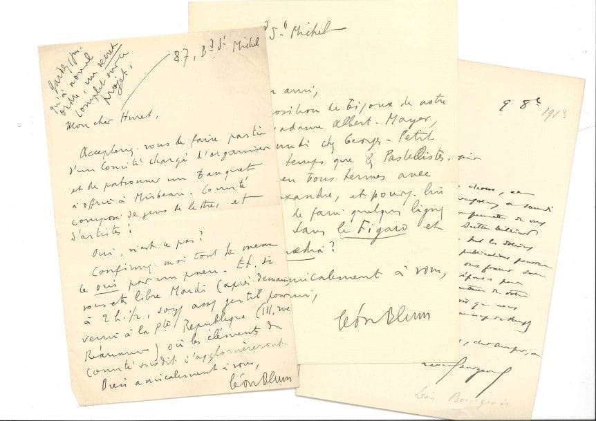 POLITIQUE. 25 lettres ou pièces, la plupart L.A.S. adressées à Jules Huret (plus quelques cartes de visite autogr.).

Pierre Baudin (5), Léon Blum (2), Léon Bourgeois, comte M. de Cossé-Brissac, Jean Cruppi (2), Paul Deschanel (sur l’Université et la politique), Édouard Herriot, Célestin Jonnart, Alexandre Millerand, Anatole de Monzie, Albert de Mun (1902, à G. Calmette, sur la liberté d’enseignement), Paul Painlevé (3), Raymond Poincaré (2 cartes), Joseph Reinach, Albert Sarraut (2, une recommandant Régis Gignoux), Zadoc Kahn. Plus quelques minutes de lettres de J. Huret (une à Jaurès).