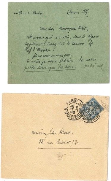 Jules RENARD (1864-1910). L.A.S., Paris 2 février 1895, à Jules Huret ; 1 page et demie oblong in-12 à son adresse 44, Rue du Rocher, enveloppe.

« Est-ce vous qui ce matin, dans Le Figaro supplément, traitez Poil de carotte de chef-d’œuvre ? Je ne vous en veux pas. Et même je vous félicite de votre petite chronique des lettres. Voilà une trouvaille. Ah ! vous le connaissez, le faible des hommes de lettres ! »… On joint une L.A.S. de Jules Huret à Jules Renard, Paris 27 novembre 1908, remerciant avec enthousiasme pour Ragotte : « Quelle pitié, quelle sensibilité délicate et profonde ! »...
