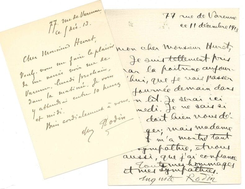 Auguste RODIN (1840-1917) sculpteur. 4 L.S., Paris et Meudon décembre 1913, à Jules Huret ; 5 pages petit in-4 ou in-8.

77 rue de Varenne 5 décembre. « Voulez-vous me faire le plaisir de me venir voir rue de Varenne, lundi prochain, dans la matinée. Je vous y attendrai »... 11 décembre. « Je suis tellement pris par la poitrine aujourd’hui, que je vais passer la journée demain dans mon lit. Je serai ici samedi »... Meudon 12 décembre. « Je continue d’être un peu malade, et à mon grand désespoir je devrai manquer aux engagements que j’avais pris avec vous et avec madame Huret. [...] vous allez avoir de mes nouvelles. Je sis à Meudon, et je n’oublie pas le torse »... Paris 16 décembre. Il sera très heureux de le recevoir jeudi matin, rue de l’Université. « Et après notre entrevue, vous me feriez plaisir d’accepter ainsi que Madame Huret à déjeuner chez Le Doyen »...