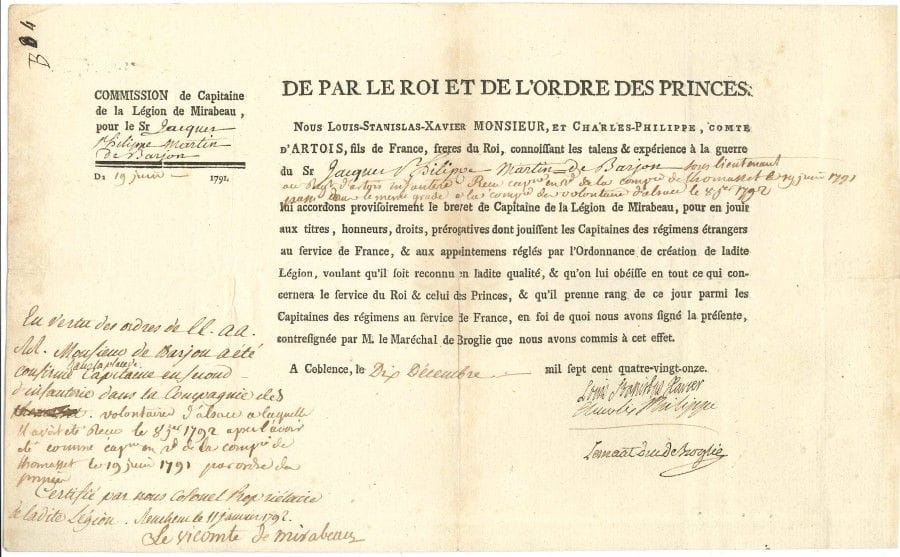 LOUIS XVIII (1755-1824) et CHARLES X (1757-1836). P.S. « Louis Stanislas Xavier » et « Charles Philippe », Coblence 10 décembre 1791 ; contresignée par le maréchal duc de Broglie ; 1 page oblong in-fol. en partie impr. à en-tête De par le Roi et de l’ordre des Princes.

Commission de capitaine à la Légion de Mirabeau au nom de Louis XVI. « Nous Louis-Stanislas-Xavier Monsieur, et Charles-Philippe, comte d’Artois, fils de France, freres du Roi, connoissant les talens & expérience à la guerre du Sr Jacques Philippe Martin de Barjon sous lieutenant au Regt d’Artois infanterie », capitaine en second à la compagnie de Thomasset puis à celle des volontaires d’Alsace, est nommé Capitaine de la Légion de Mirabeau... Apostille en partie autographe et signée par le vicomte de Mirabeau (1754-1792), colonel propriétaire de la Légion de Mirabeau, confirmant l’incorporation de Barjon.
On joint un imprimé, Loi contenant Proclamation de l’Assemblée Nationale, à Louis-Stanislas-Xavier, prince français, 6 novembre 1791 : injonction au prince émigré de rentrer dans le royaume dans un délai de deux mois.