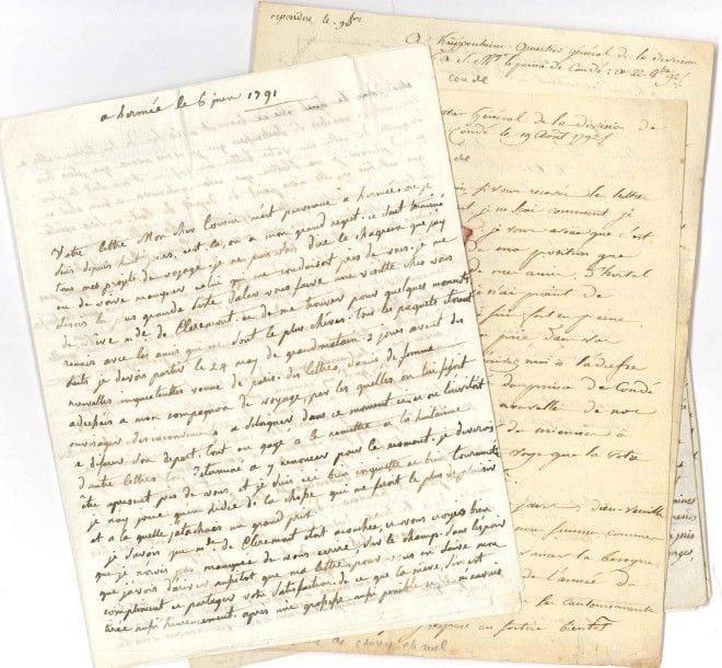 émigration. 17 lettres, la plupart L.A.S. ou L.A., 1791-1796 ; 50 pages la plupart in-4, adresses, qqs sceaux de cire aux armes et qqs marques postales.

Lettres de parents et amis, la plupart émigrés en Belgique, Hollande, Allemagne, Autriche et Angleterre (écrites d’Hermée, Bruxelles, Gultz près Coblence, Trèves, Bilhe, Küppenheim, Düsseldorf, Dortmund, Oirschot, Vienne, Aix-la-Chapelle, Hadley, Londres, Plombières, Oberustinen) évoquant les craintes du départ, l’éloignement, l’ennui, la pénurie et « l’inconstance des Français », les malheurs de Marie-Antoinette, le voyage du comte d’Artois en Russie, les carmagnoles, la scélératesse et la férocité sanguinaire des sans-culottes, des affaires militaires (Aix-la-Chapelle, les Autrichiens, la grande armée prussienne), et nommant Brissot, Robespierre, le général Clairfait, le prince de Condé, le prince de Saxe Cobourg, Mme de Polignac, le vicomte de Choiseul, le comte de Chalais, le prince de Salm, etc. Elles s’adressent au marquis de Clermont Mont Saint-Jean à Chambéry ; au comte de Maupeou, officier supérieur, près Coblence ; à M. de Crouy-Chancel, capitaine d’infanterie à Aix-la-Chapelle et à Lausanne ; à M. Duchesne, volontaire dans la division du prince de Condé, armée de Wurmser au Q.G. près Spire ; à Ph. Fr. de Sausin, chanoine et vicaire général de Lisieux, à La Haye ; au comte Walsh Serrant, maréchal de camp de S.M.T.C., à Aix-la-Chapelle ; au vicomte de Rochelaure, à Bruxelles, à l’évêque de Lisieux, à Düsseldorf ; au marquis de Rougeat, « à l’armée de Broglie » ; M. Ogier d’Ivry, grand audiencier de France, au château de Passay Bonnestable ; à MM. de la municipalité de Plélan-le-Grand...
On joint la page de titre manuscrite d’une Ode adressee a M. de Necker ministre secretaire d’état directeur plenipotentiaire des finances de Sa Majesté Louis XVI glorieusement regnant par un ancien épicier du régiment de la Reine cavalerie.