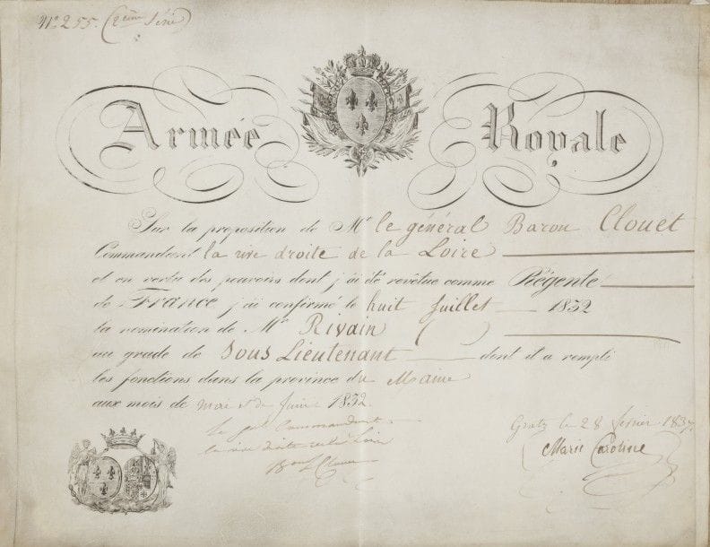 Marie-Caroline, duchesse de BERRY (1798-1870) fille du Roi des Deux-Siciles, épouse du duc de Berry, mère du comte de Chambord, elle tenta en 1832 de soulever la Vendée. P.S., Gratz 28 février 1837 ; contresignée par le général baron Clouet ; vélin oblong in-fol. en partie impr., en-tête Armée Royale avec vignette aux armes royales, et les armes de la Duchesse gravées en bas.

Beau brevet. « Sur la proposition de Mr le général Baron Clouet Commandant la rive droite de la Loire et en vertu des pouvoirs dont j’ai été revêtue comme Régente de France, j’ai confirmé le huit juillet 1832 la nomination de Mr Rivain au grade de Sous Lieutenant dont il a rempli les fonctions dans la province du Maine aux mois de mai et de juin 1832 »...