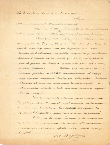 Mariano Baptista (1832-1907) homme politique, président de la Bolivie. L.A.S., Sucre [vers 1880 ?], à S.E. Charles Wiener ; 1 page in-4 (petite fente réparée) ; en espagnol.

Au sujet des négociations sur les frontières avec l’Argentine…