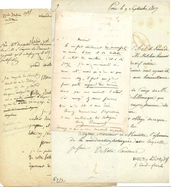 FAMILLE BONAPARTE. 6 lettres ou pièces, dont 3 L.A.S., 1805-1911 ; formats divers.

Louis Bonaparte (apostille autogr. en marge d’une l.a.s. du gal Robin, Alexandrie 16 pluviose XIII [5 févr. 1805]). Cardinal Joseph Fesch (l.s., 9 sept. 1807, au général Clarke). Félix Bacciochi, prince de Lucques et Piombino, mari d’Élisa Bonaparte (l.s. « Felix », Florence 13 oct. 1812, au duc de Feltre). Prince Napoléon (l.a.s. « Nap. Bonaparte », vers 1849, à propos de manifestes et de bulletins pour des élections). Félix comte Bacciochi, neveu d’Élisa Bonaparte, premier chambellan de Napoléon III (l.a.s., Tuileries 10 déc. 1855, à Costa). Louis-Napoléon Bonaparte (l.a.s. « Louis-Napoléon », Prangins 11 juillet 1911, réponse à des condoléances suite au décès de sa mère la Princesse Clotilde).