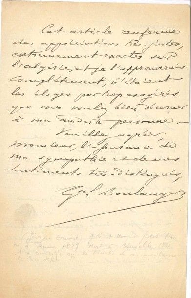 Georges BOULANGER (1837-1891) général et homme politique. L.A.S. et L.S., 1885-1889 ; 2 pages in-8 chaque, la première à en-tête Division d’occupation en Tunisie. Cabinet du général commandant (2 photos jointes).

Tunis 9 mars 1885, à un rédacteur de La France, remerciant pour un article sous pseudonyme, qui « renferme des appréciations très justes, extrêmement exactes sur l’Algérie, et je l’approuverais complètement, n’étaient les éloges par trop exagérés que vous voulez bien décerner à ma modeste personne »... Londres 14 août 1889 (le jour même de sa condamnation par la Haute Cour, le rendant inéligible), à son cher Nicot : il compte sur son dévouement pour se présenter au poste d’honneur contre Floquet : « vous mènerez une campagne brillante à l’honneur du Parti national que vous avez toujours si bien servi. [...] tous nos journaux vous soutiendront et vos frais seront couverts »...