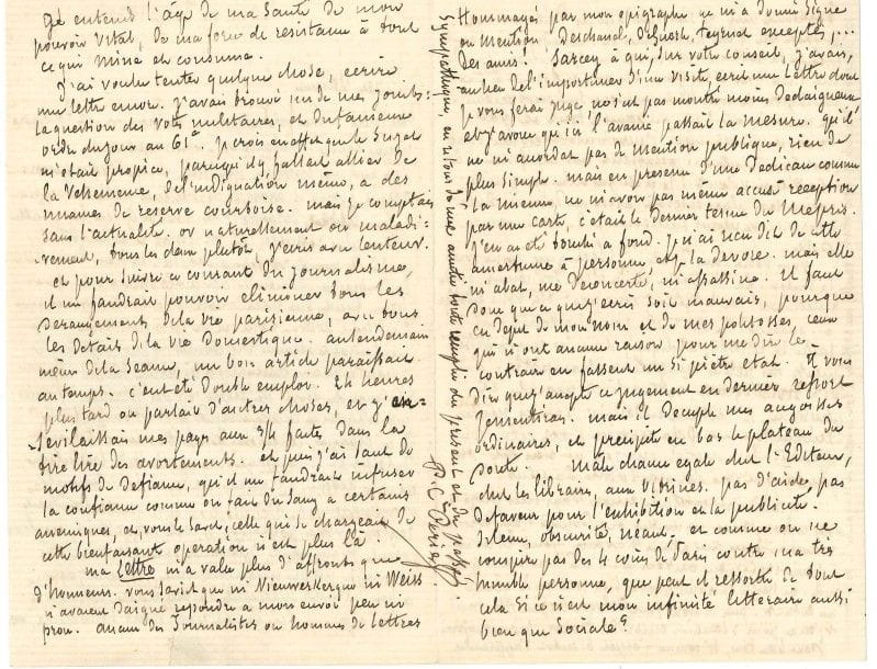 Paul CASIMIR-PÉRIER (1812-1897) armateur du Havre et homme politique, second fils du ministre de Louis-Philippe. 4 L.A.S., Paris, Étretat ou Choisy-au-Bac (Oise) 1870-1888, à une dame ; 17 pages et demie in-8 ou in-12, 2 à en-tête Chambre des Députés.

Vives critiques politiques confiées à une amie d’enfance. 15 juin 1870. Aveu de découragement après l’échec d’une tentative pour écrire sur un sujet d’actualité, comme la question des votes militaires : « le sujet m’était propice, parce qu’il fallait allier de la véhémence, de l’indignation même, à des nuances de réserve courtoise », mais cela lui a valu plus d’affronts que d’honneur ; Sarcey, dédaigneux, n’a pas même accusé réception de son exemplaire dédicacé... 6 octobre 1873. Réflexions sur son « impuissance politique et sociale », suivies de la dénonciation d’un gouvernement malhonnête et oppressif, et de réflexions sur « la visite à Frohsdorf » du délégué des députés royalistes : « C’est un abîme de rouerie, si ce n’est pas un sommet de franchise et d’abnégation, peut-être un amalgame des deux. Mais pour moi républicain je crains d’y être prévenu puisque ce sera peut-être la mort de la république, en tous cas sa plus forte épine »... Il a des phrases assassines pour Guizot, des idées alarmantes concernant Dupanloup, Beulé, etc. : « nous sommes un pays condamné, rayé de la carte moderne, et dont la décadence fatale attend les profiteurs aux aguets »... 5 décembre 1888. Plaintes sur les rudes fatigues dues à ses discours à la Chambre. Quant à la politique générale, « je vois l’avenir à travers un verre enfumé, comme les éclipses, et, pour dire le plus vrai, tout à fait noir. Le fameux “faut que ça change” de vos paysans abrutis fait son tour de France, et, la Boulange aidant, nous changera réellement en peuple asservi... Finis Gallica ! Vos Ratapoils ou Philippards – Du Barail ou Lambert Ste Croix – sont des criminels, des crétins – ou des fous, au choix. Le triomphe de la Boulange infâme c’est fatalement la