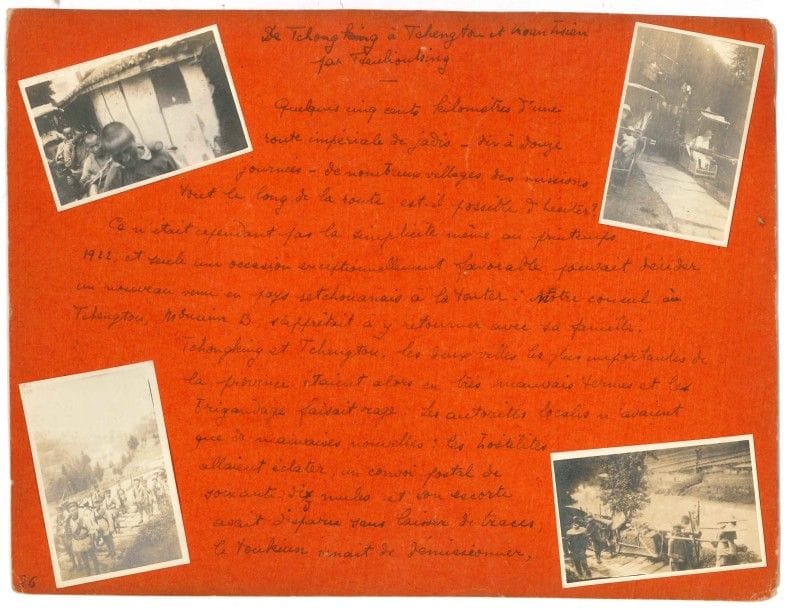 CHINE. Manuscrit autographe signé « Paul », avril-juin 1922, avec 108 photographies originales ; 67 feuillets cartonnés oranges pailletés d’or oblongs in-4 (19 x 24,7 cm), écrits au recto, sous 2 plats de carton fort couvert de soie brochée bleu nuit et or avec cordons.

Récit de voyage illustré de photographies par un officier de marine français en poste en Chine.
Ce récit présenté en six parties, titrées en français et en caractères chinois, illustré de 108 photographies en noir et blanc (4,5 x 6,5 cm et 10,5 x 6,5 cm), relate les impressions du voyageur et décrit la plupart des scènes capturées par les images. Nous n’en donnerons ici qu’un aperçu. 
Il s’ouvre sur une page illustrée de sept photographies avec la dédicace : « Pour toi qui ne l’a pas vu, ton Paul ». La première partie, La Fin du Han (p. 1-3), rédigée à Hankou [actuelle Wuhan, province de Hubei] le 26 avril 1922 : « Le sampan remonte lentement l’eau chargée de limon : l’aviron court de l’enfant la bat sans relâche : à l’arrière celui plus long de l’aïeul l’enveloppe de ses mouvements onduleux comme un ruban. Par-delà le Bund que le fleuve veut rejeter de ses bords grâce à ses incessants dépôts, les façades d’Occident pesantes et cossues ont disparu ; la fumée des hauts vapeurs jaunes indique encore leur succession verticale et sans beauté ; les jonques écrasées contre la berge qui monte n’émettent plus sur le ciel l’extrémité de leur mât trapu, la ligne noire des toits griffus, cornus, les domine. Des promontoires d’immondices hauts comme la terre entrent à intervalles réguliers dans le courant [...] l’œil, dans le jour diffus, accroche la paroi de boue où s’agrippent ces taudis projetés sans cesse de Hankeou – la bouche du Han vers Han Yang – la lumière du Han »... Le Fleuve (p. 4-6), rédigé le 28 avril, est une promenade sur le Han : « C’est la fin d’avril, il n’a encore donné que son premier flot ; il coule tranquille et limoneux. [...] Fleuve nourricier, source de vie, mais nouveau Sa
