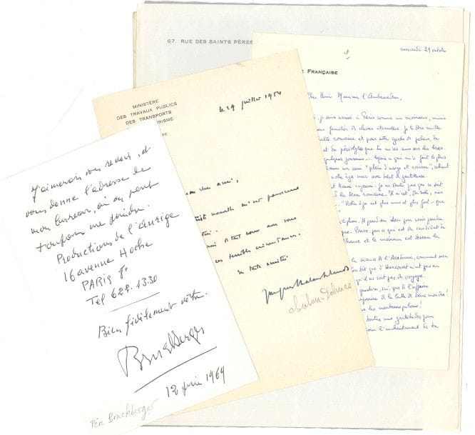 DIVERS. 11 L.A.S. et 1 L.S., 1945-1969.

Père Bruckberger, Jacques Chaban-Delmas, André Chamson (sur l’affaire Pasternak : « malheureux enjeu de la lutte de deux mondes ! ou de la résistance des noisettes sous les marteaux-pilons »), Jacques Chancel, Paul Claudel, Alice Halicka (sur un projet d’exposition en Inde), René Huyghe, Pierre-Jean Jouve (l.s., à propos des inondations de Florence en 1966), Jacques Lassaigne, Jean Sennep, général Paul Stehlin, André de Vilmorin.