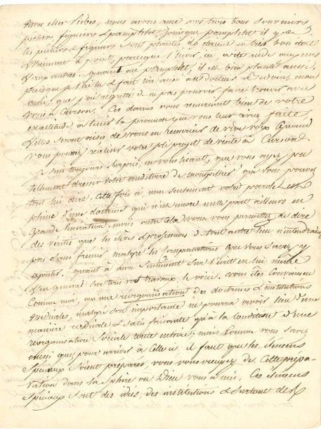 Prosper ENFANTIN (1796-1864) économiste, un des fondateurs du saint-simonisme. 9 L.A.S., 1836-1845, à François Ribes, professeur à la Faculté de Médecine de Montpellier (1800-1864) ; 24 pages in-4 ou in-8, une à son chiffre, adresses, qqs sceaux cire rouge (petit trou par bris de cachet).

Belle correspondance à un disciple, « apôtre » lui-même à la faculté de Montpellier : il y est question de l’Égypte, l’Algérie, le chemin de fer, la colonisation et la propagation des idées saint-simoniennes.
Malte 10 novembre 1836. Dès leur sortie de quarantaine, Duguet et lui partiront pour Marseille, puis Montpellier : « nous arriverons peut-être dans votre ville en costume égyptien, pour ne pas attendre à Marseille la confection d’habits européens ; mais je pense que sous ce costume votre bon peuple ne nous traitera pas comme des st simoniens »... Marseille 10 janvier 1837. Il remet sa visite, ayant décidé de se rendre auprès de sa famille à Curson. « J’ai besoin de sentir l’air de France »... Son compagnon Duguet prend alors la plume pour évoquer le sort de Tamisier, Combes, Coignet et d’autres qui quittèrent Alexandrie les premiers...
Curson 9 avril 1838. Observations admiratives après lecture du pamphlet de Ribes [Discours sur l’organisation de l’enseignement et de la pratique de la médecine]. « Vous êtes convaincu, comme moi, qu’une réorganisation des doctrines & institutions médicales, malgré son importance, ne pourra avoir lieu d’une manière cordiale & satisfaisante qu’à la condition d’une réorganisation sociale toute entière »... Ribes s’occupe de préparer les « éléments spéciaux » : « des idées, des institutions & surtout des hommes », ayant surtout en vue « la génération nouvelle, les élèves » ; ses élèves de 1831 sont déjà passés maîtres, et « vos idées ont déjà pris quelque peu de barbe autour de vous. Il me semble donc que vous devez bientôt tendre, après avoir ambitionné le suffrage des hommes de 18 à 25 ans, d’avoir surtout celui des hommes de 30 à 40