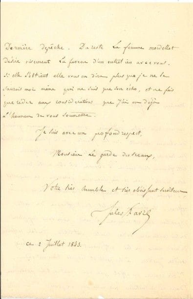 Jules FAVRE (1809-1880) homme politique, vice-président et ministre du Gouvernement de la Défense nationale. L.A.S., 2 juillet 1843, au Garde des Sceaux Martin du Nord ; 1 page et demie in-8.

Au sujet de la plainte déposée à Rouen par la femme Mordelet qui sollicite sa haute protection et « désire vivement la faveur d’un entretien avec vous »...