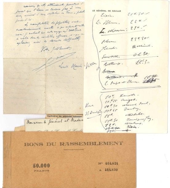 Charles de GAULLE. P.A., [novembre 1945 ?] ; 1 page in-8 à son en-tête Le Général de Gaulle.

... De Gaulle note ses rendez-vous et consultations, sans doute en vue de la formation de son gouvernement en novembre 1945. Les rendez-vous se succèdent en soirée de demi-heure en demi-heure et en matinée de quart d’heure en quart d’heure. On trouve successivement, à la Villa, de 21 h. 30 à 1 h. 30 : Tixier, Léon Blum, L. Marin, Pleven, Giacobbi, Soustelle, Billoux, puis T. Prigent et Thomas. Le lendemain matin, rue Saint-Dominique, à 10 h. 15 Croizat, puis Marcel Paul, Dautry, Michelet, Francisque Gay, Malraux, à nouveau Tixier.
On joint un télégramme (1943) annonçant que le pacha de Port Lyautey, qui a dîné à la même table que le Maréchal serait officiellement présenté à De Gaulle (« ce serait un défi à la population laborieuse musulmane de Port-Lyautey ») ; une l.a.s. de Louis Marin au général de Gaulle (Londres 26 juin 1944, espérant sa prochaine arrivée en France) ; un carton d’invitation en partie impr. d’Harold Macmillan à Alger au Général et Madame de Gaulle (avec note autogr. « Oui nous irons ») ; un carnet vierge de bons du Rassemblement du Peuple Français.