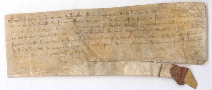 guerre de cent ans. Pièce sur vélin, 31 mai 1387 ; vélin 7 x 20 cm, fragment de sceau de cire rouge aux armes (traces de papier au dos).

Reçu de Simon de Bauthu, « escuier cappitaine de la forteresse de Allequier », de la somme de 60 livres tournois payée par Guillaume Denfernet, trésorier des guerres du Roi, en prêt sur ses gages et ceux de trois autres écuyers…