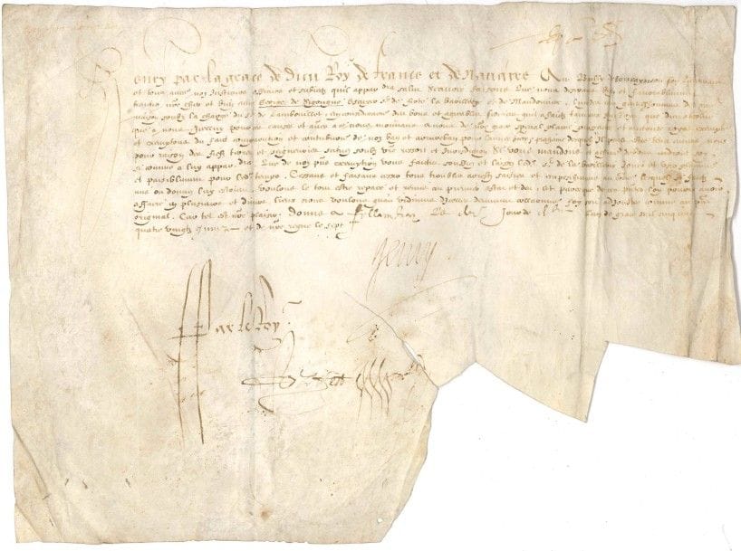 HENRI IV (1553-1610) Roi de France. P.S., Folembray 31 décembre 1595 ; contresignée par son secrétaire d’État Pierre Forget ; vélin oblong in-fol. (petite fente)

Lettres royaux en faveur de Georges de Sigougné, « escuyer », sieur de Ferté, la Barillerye et de Maudoucière, gentilhomme de sa maison sous la charge du Sr de Rambouillet, qui est exempté de comparution et contribution de ban et d’arrière-ban en considération « des bons et agreables services qu’il a faictz tant aux feux Roys que Dieu absolve que a nous »...