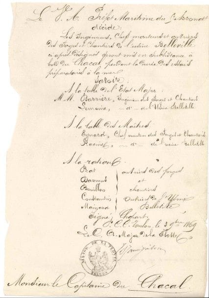 Jean-Bernard JAURÉGUIBERRY (1815-1887) vice-amiral, ministre de la Marine. 7 L.S. ou P.S. comme contre-amiral major de la flotte, Toulon 1869-1870 ; 7 pages formats divers, en-tête Port de Toulon. Le Contre-Amiral major de la flotte, qqs cachets à l’aigle impériale.

Copies certifiées conformes de décisions du préfet maritime, et d’une lettre au préfet, pour le capitaine du Chacal ou du Léopard, concernant la mise en subsistance d’ingénieurs et ouvriers de l’usine Belleville et des essais mécaniques. Demande d’autorisation à appareiller pour le Chacal.
On joint 27 P.S. par d’autres officiers de la Marine, Toulon 1869.