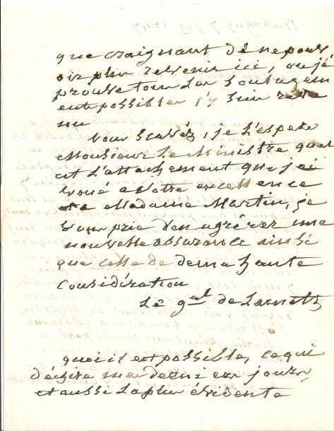 Théodore de LAMETH (1756-1854) général et homme politique. L.A.S., Buzagny 7 janvier 1847, au ministre Martin du Nord ; 2 pages et demie in-4.

Malgré sa blessure et son infirmité, il avait projeté de se rendre à Paris dans l’espoir de le rencontrer, mais il est finalement resté. Il ajoute : « Quoi il est possible, ce qui déchire mes derniers jours et aussi la plus évidente justice qui ait jamais existé, après 4 ans de promesses positives ? Il est vrai M. Duchatel va jusqu’à vouloir déshonnorer le Cte de La Tour, il est vrai que ce n’est pas un service qu’il se rend ».