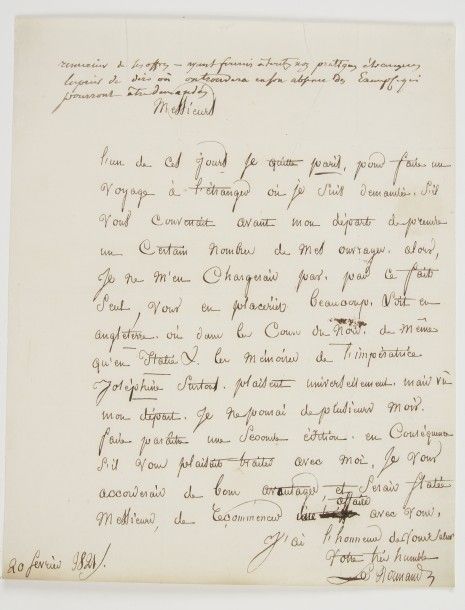 Marie-Adélaïde LE NORMAND (1772-1843) célèbre voyante et cartomancienne, amie de Joséphine de Beauharnais, et femme de lettres. L.A.S. « Le Normand », 20 février 1821, [à des libraires] ; 1 page in-4.

Sollicitée à l’étranger, elle s’apprête à partir en voyage : « S’il vous convenait avant mon départ de prendre un certain nombre de mes ouvrages, alors je ne m’en chargerais pas. Par ce fait seul, vous en placeriez beaucoup, soit en Angleterre, ou dans la Cour de Norv., de même qu’en Italie &c. Les Mémoires de l’Impératrice Joséphine surtout plaisent universellement [Mémoires historiques et secrets de l’Impératrice Joséphine, chez l’Auteur, 1820]. Mais vû mon départ, je ne pourrai de plusieurs mois faire paraître une seconde édition. En conséquence s’il vous plaisait traiter avec moi, je vous accorderais de bons avantages »... Rare.