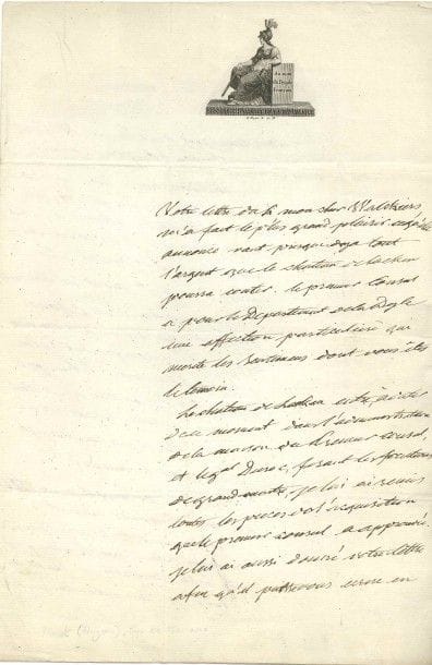 Hugues MARET, duc de Bassano (1763-1839) secrétaire d’État et confident de Napoléon. L.A.S., Saint-Cloud 7 floréal XII (27 avril 1804), au citoyen Édouard Walckiers, au Parc, à Bruxelles ; 3 pages in-fol., vignette de Bonaparte 1er Consul de la République gravée par B. Roger, adresse avec marques postales (Consuls de la République et St Cloud Poste près le Gouvernement).

À propos du château de Laeken à Bruxelles [propriété de l’empereur d’Autriche, le domaine fut aliéné par le traité de Lunéville, vendu à des spéculateurs puis racheté par le département de la Dyle]. Ce que Walckiers annonce vaut presque tout l’argent que le château de Laeken pourra coûter. « Le premier Consul a pour le Département de la Dyle une affection particulière [...] Le château de Laeken entre, à dater de ce moment dans l’administration de la maison du Premier Consul, et le gal Duroc, fesant les fonctions de grand-maître, je lui ai remis toutes les pieces de l’acquisition que le premier consul a approuvée »... Sortant du « torrent des affaires », il Maret remercie son ami de la voiture de Mme Maret, qui est « charmante  […] Le succès de la voiture est tel que tout le monde en veut » : le ministre de la Marine demande « une berline semblable en jaune à la mode et sans autre changement qu’une glace etamée sur le devant au lieu de la glace sans teint », et le citoyen Denon « desire une diligence dans le même genre que la berline »...