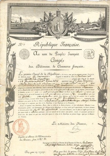 MARINE. P.S. avec la griffe du Ministre des Finances Gaudin, Bordeaux 29 brumaire XI (20 novembre 1802) ; 1 page grand in?fol. en partie impr. à en-tête Congé des Bâtimens de Commerce français, grande vignette gravée avec paysage maritime et vue d’un port, et encadrement gravé d’attributs de marine, cachet encre et timbres fiscaux.

Beau congé accordant à la goëlette Les Deux Amis, domiciliée à Bordeaux, l’autorisation « de naviguer sous le pavillon national de France », et, sous les ordres du capitaine de Larieux, de « partir du Port et Havre de Bordeaux et aller à la Martinique chargée de vins »… Le congé a été visé par les bureaux de la Douane du Port de Bordeaux.