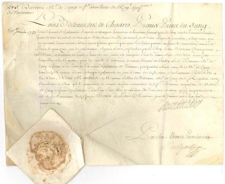 Louis, duc d’ORLÉANS, dit le Génovéfain (1703-1752) fils du Régent, il fut gouverneur du Dauphiné, colonel général de l’infanterie et chef du Conseil d’État. P.S., contresignée par son secrétaire Nicolas-Hubert de Montgault (1674-1746, érudit, de l’Académie Française), Paris 30 janvier 1722 ; vélin oblong in-fol., grand sceau aux armes sous papier.

Nomination du S. Daverne « Me de camp réformé à la suitte du régiment d’infanterie de Vendosme, pour prendre et tenir rang de Me de camp dans led. Régiment et dans ses troupes d’infanterie »...
