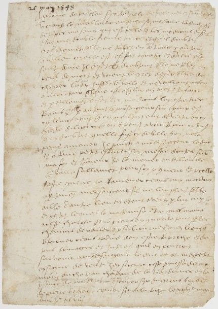 Anne de PISSELEU, duchesse d’ÉTAMPES (1508-1576) la favorite de François Ier. Note autographe, 26 mai 1548 ; 1 page in-fol. (rousseurs et légères restaurations).

Très rare autographe faisant allusion à sa résidence forcée depuis la mort de François Ier.
Anne de Pisseleu a copié le texte d’une déclaration de son frère Antoine de Pisseleu, seigneur de Heilly, au sujet d’une maladie dont elle avait été atteinte. Il représente que sa sœur la duchesse d’Étampes a souffert d’une double fièvre tierce et qu’elle a besoin de changer d’air pour se remettre, le lieu où elle se trouve étant trop « aquatic ». Antoine de Pisseleu s’engage à la ramener céans [au château de La Hardoynes ?] ou à Moncontour après son rétablissement…