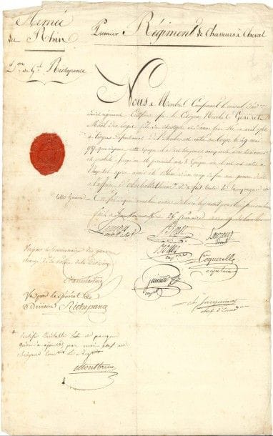 Antoine RICHEPANCE (1770-1802) général, mort à la Guadeloupe. L.S., Wazdofen 9 nivose IX (30 déc. 1800), au général Moreau ; 3/4 page in-fol à son en-tête Armée du Rhin, Le Général de Division Richepance...

Il envoie au général en chef « l’état nominatif de tous les militaires qui se sont particulièrement distingués dans les différentes affaires qui ont eu lieu à la Division depuis le 12 frimaire jusqu’au 28 du même mois », en espérant qu’il accèdera aux récompenses qu’il ydemande...
On joint une P.S. par les membres du 1er Régiment de chasseurs à cheval, Armée du Rhin, Don du Gal Richepance, avec apostille a.s : « Vu par le Général de Division Richepance », certificat des services du maréchal des logis Gendret (avec sceau de cire rouge).