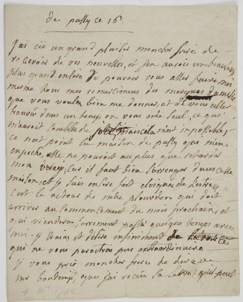 Marie-Louise de La Tour d’Auvergne, princesse de ROHAN-GUÉMÉNÉ (1725-1781) fille de Charles-Godefroy de La Tour d’Auvergne duc de Bouillon et de Marie-Charlotte Sobieska, elle épousa en 1743 Jules-Hercule-Mériadec de Rohan prince de Guéméné (1726-1788) ; maîtresse de Charles Edward Stuart « le Jeune Prétendant ». 5 L.A., Rennes puis Passy s.d., à son frère Godefroy de La Tour d’Auvergne prince de Turenne, Grand Chambellan de France en 1747 ; 18 pages in-4.

Intéressante correspondance parlant notamment de la persécution organisée par le duc d’Aiguillon contre le Parlement de Rennes et les États de Bretagne, des ennuis de son fils qui devait être Président de la Noblesse : « Il est bien cruel en menant une vie de galérien, comme celle que maine mon pauvre fils, d’estre encore blamé pour une chose sur laquelle il aurait dû recevoir des louanges, c’est une calomnie bien grande de dire qu’il a abandonné ces 83 gentilshommes »... Etc. La dernière lettre relate son installation à Passy, où elle veut s’installer une basse-cour...
On joint une pièce signée par Louis de La Tour d’Auvergne comte d’Évreux (camp de Clèves 21 juin 1702, cachet cire rouge aux armes) ; et 3 lettres d’Hugues-Robert de La Tour d’Auvergne-Lauraguais, évêque d’Arras (1802-1847).