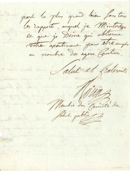 Louis-Félix roux (1753-1817) prêtre et conventionnel (Haute-Marne). L.A.S. comme membre du Comité de Salut public, Paris 29 floréal III (18 mai 1795), aux Citoyens composant le jury pour la formation de la Bourse à Paris ; 2 pages in-4.

« Vos commissaires qui ont remis hier au Comité la liste des agens courtiers que vous avez choisis pour la bourse m’ont ajouté que le jury se propose d’en augmenter le nombre et que cela est indispensable. En abbandonnant à votre sagesse l’examen des temoignages et renseignemens qui militent en faveur du citoyen Catherine Bernard, je vous le recomande comme un homme dont on m’a dit de toutes par le plus grand bien »...